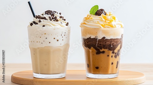 Creamy Iced Coffee Drinks with Whipped Cream and Chocolate Toppings