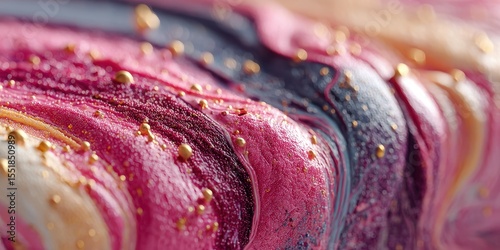 Swirls of vibrant colors create an artistic pattern in a close-up view of smooth texture and golden accents