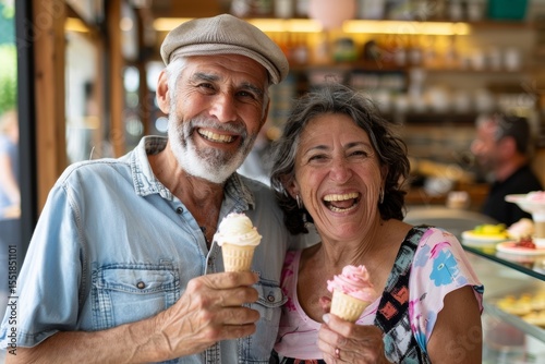 Portrait of a smiling mixed race couple in their 60s eating ice cream