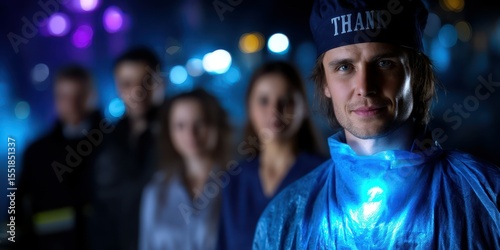Healthcare worker expresses gratitude during nighttime shift in a hospital amidst vibrant lights and blurred colleagues in the background