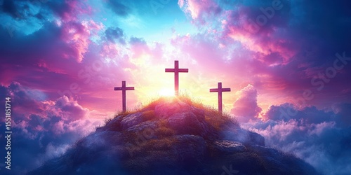 Sunset over three crosses on a hill surrounded by clouds and colorful sky