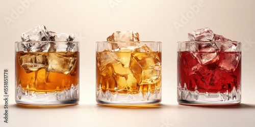 Different colored beverages served in glasses with ice cubes arranged on a neutral background during a tasting event