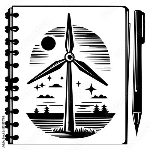 Black and white hand drawn wind turbine icon sketched on spiral notebook page, eco energy symbol, top view