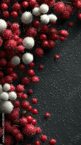 Decorative arrangement of red and white berries on a dark surface showcasing an artistic display for winter celebrations