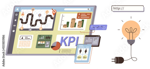 Interactive screen featuring KPI analytics, financial graphs, progress tracking, and user interfaces, paired with a light bulb signifying innovation and web access. Ideal for business strategy
