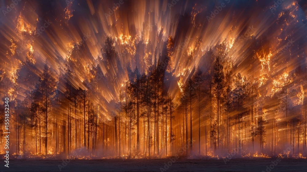 Fototapeta premium Destruction caused by wildfire in a dense forest at sunset with flames and charred trees