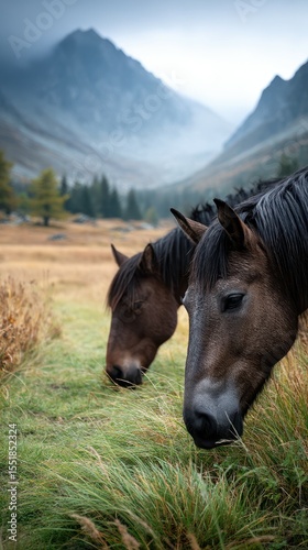 Horses grazing peacefully in lush green meadow with mountains in background during early morning