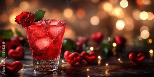 Delightful red cocktail with roses and hearts for a romantic celebration at night