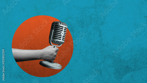 Human hand holding vintage microphone on a colored background. Collage art