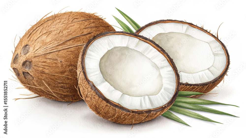 Whole and halved coconut with green leaves on white background watercolor illustration Whole and halved coconut with green leaves on white background watercolor illustration