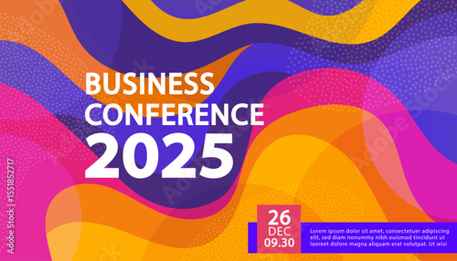 Modern business conference banner template with colorful abstract fluid background. A vector layout with sample text for corporate seminar event, annual meeting, and webinar invitation.