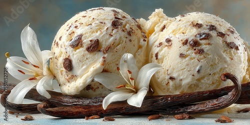 Delicious vanilla ice cream with chocolate flakes and fresh flowers displayed on a wooden surface