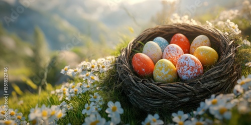 Colorful eggs nestled in a rustic nest among vibrant flowers on a sunny spring day