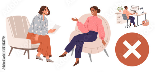 Two women discussing ideas in chairs, representing human connection. Work desk setup and red cross reinforce workplace miscommunication, teamwork, and interpersonal issues. Ideal for communication