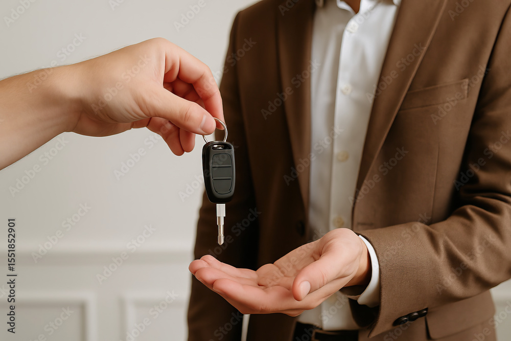 Fototapeta premium hand passing car key to designated driver, symbolizing responsible decision to hire driver when consuming alcohol promoting drunk driving prevention and safety awareness for accident risk reduction.