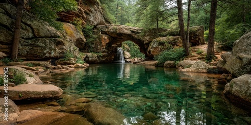 Natural arch with a serene waterfall and clear pool in a lush forest during a sunny afternoon
