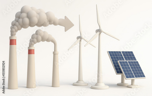 Energy transition concept with smokestacks emitting pollution and clean energy sources like wind turbines and solar panels symbolizing sustainable power shift