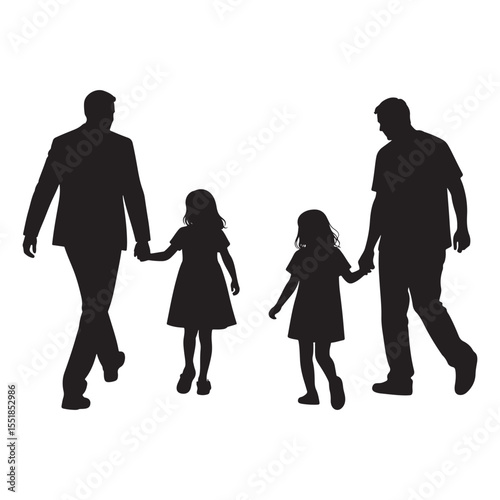 Silhouette of Father Holding Hand with Daughter Walking Together