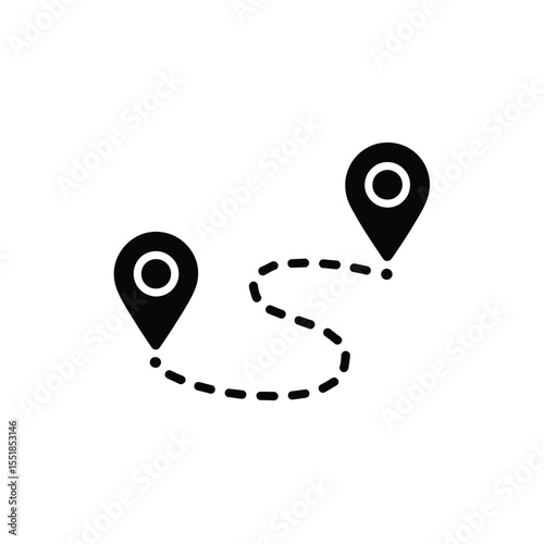 Route between two points with dashed line in black and white