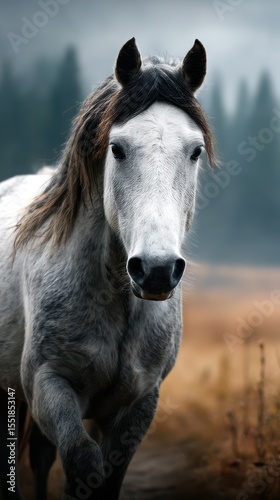 Majestic gray horse walking through golden fields with forest backdrop during early morning light