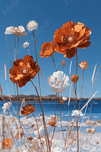 Blooming desert wildflowers set against the backdrop of an arid landscape in abstract line art