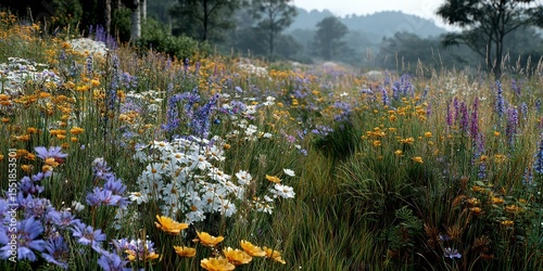 Vibrant wildflower meadow blooming with colorful flowers in the countryside during early morning