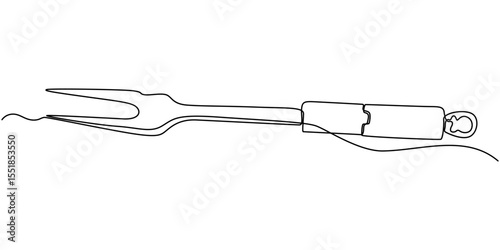 Vector drawing of a carving fork, continuous one line drawing, Serving Fork, Barbecue Fork Icon, Illustration of a two pronged fork with handle featuring three equally spaced circular openings design.