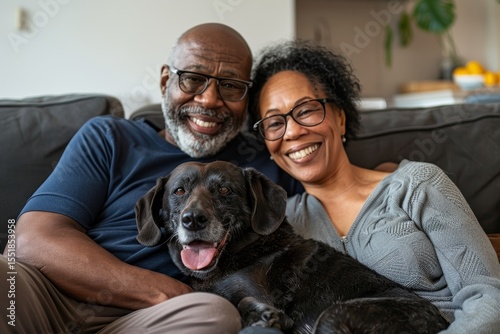 Portrait of a grinning mixed race couple in their 60s relaxing with their dog on the sofa