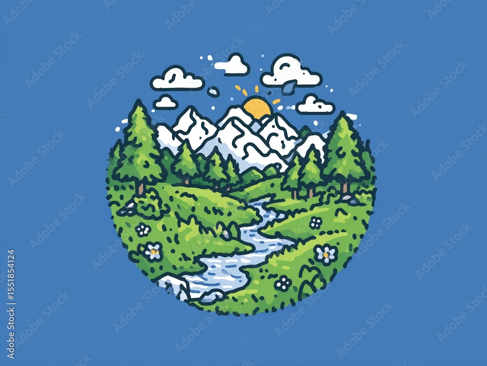 Obraz premium A digital illustration captures the tranquility of a mountain valley, with its river flowing in the foreground and rolling hills stretching out behind