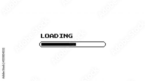 Black pixel art loading animation, 8-bit retro game start, download bar screen