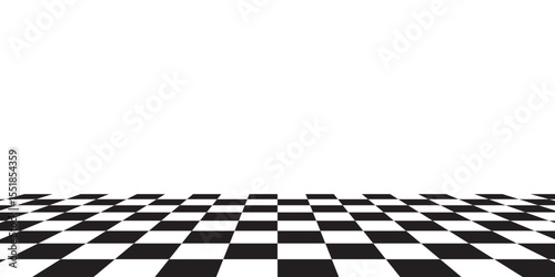 Checkerboard, chessboard, checkered plane in angle perspective. Tilted, vanishing empty floor.