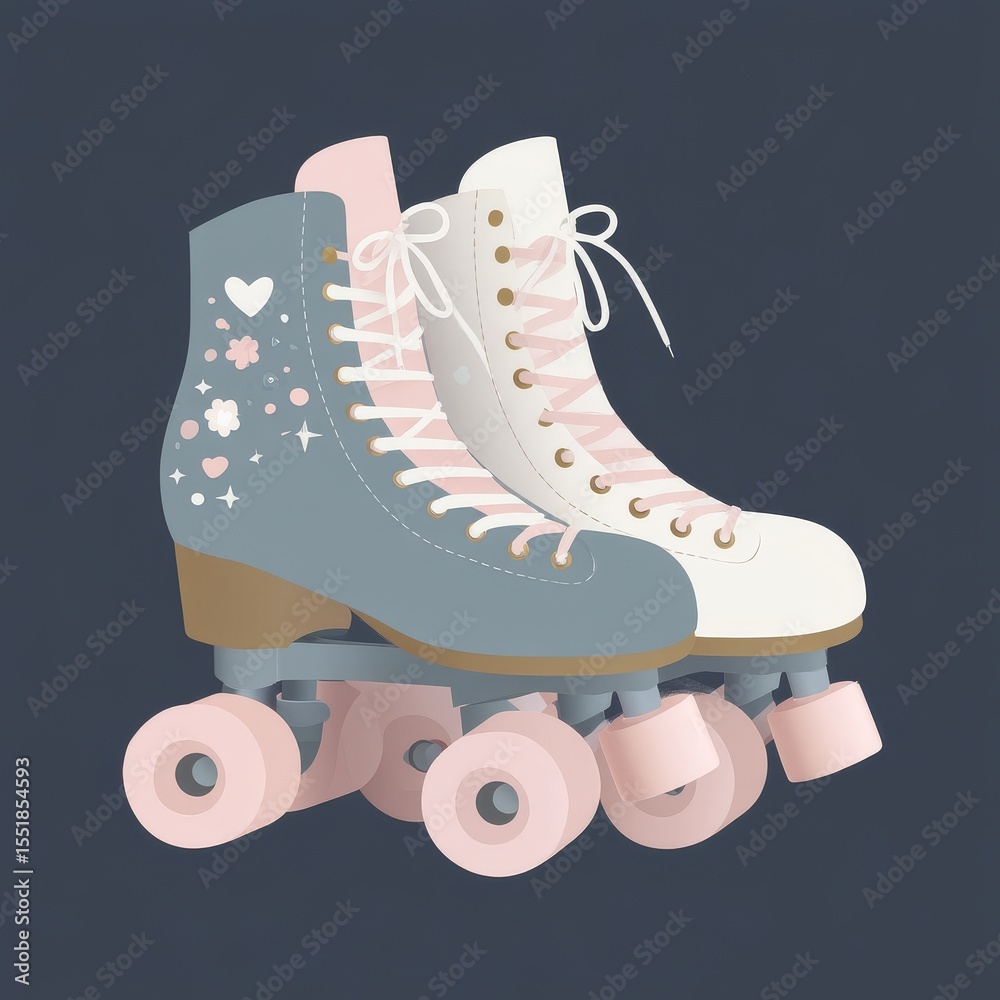 Fototapeta premium Footwear for roller skating, featuring a retro rollerskate design with wheels and laces, suitable for rinks, walking, or rolling
