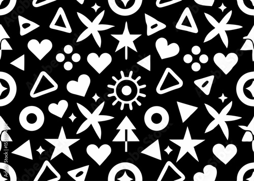 Black and white seamless abstract Memphis pattern with playful hearts, stars, arrows, and spirals. Ideal for retro-themed products, design templates, and surface textures.

