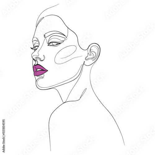 Minimalist line art of a woman's face with purple lips