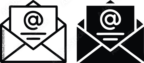 Stylized Flat Email Icon with Black Envelope and Paper Featuring @ Symbol – Minimal Vector Pixel Art