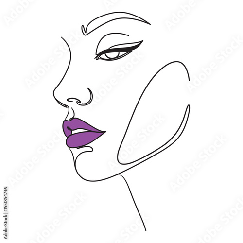 Woman face profile continuous line drawing purple lips