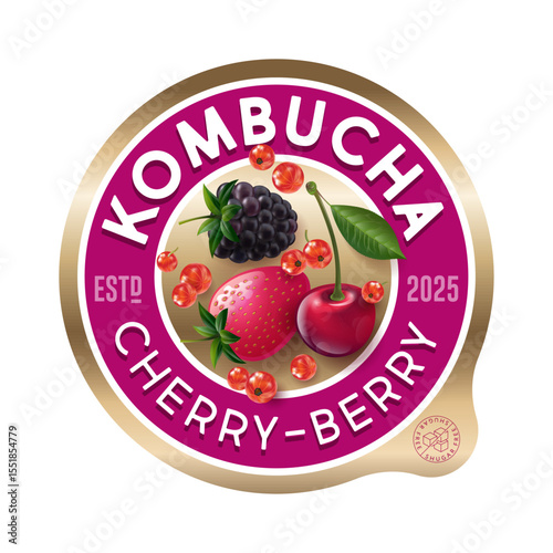 Kombucha label. Berry mix flavor. Circle label for refresh drink with letters and berries inside.