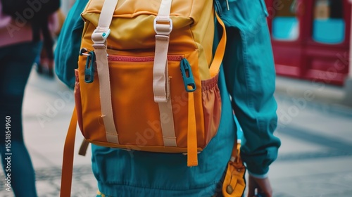 Close-Up of Colorful Elementary Student Backpack with School Supplies, Zipper Details and Texture for Back to School Concept, Brand Placement Space, Childhood Education Accessory