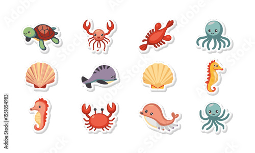 Design a clean and playful vector icon set featuring a variety of ocean-themed creatures, and elements, including sea turtles, jellyfish, lobsters, seashells, crabs, seahorses, easily editable.