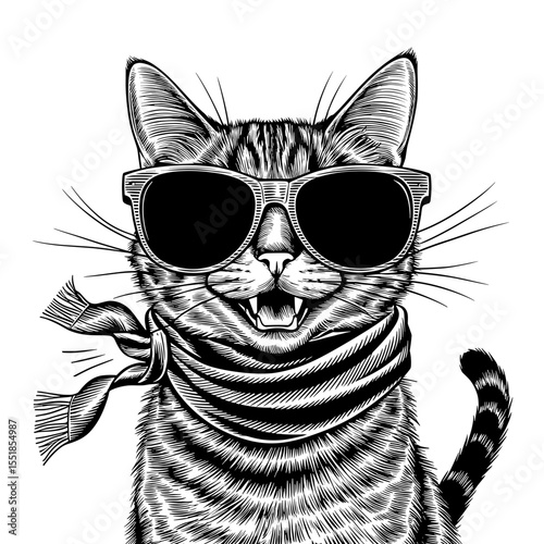 Vector illustration of funny cat in sunglasses and scarf, meowing, isolated on transparent background
