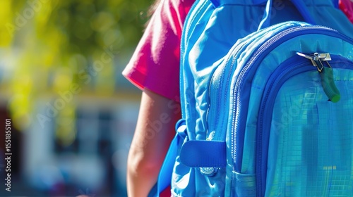 Close-Up of Colorful Elementary Student Backpack with School Supplies, Zipper Details and Texture for Back to School Concept, Brand Placement Space, Childhood Education Accessory