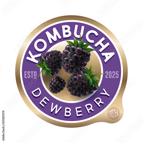 Kombucha label. Dewberry flavor. Circle label for refresh drink with letters and berries inside.