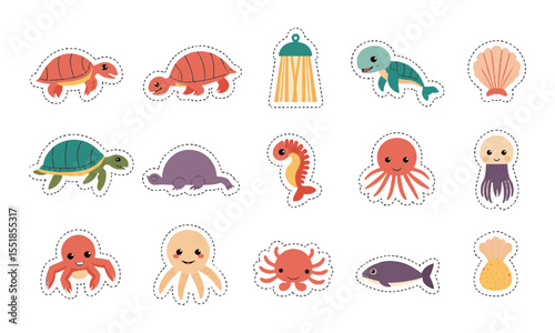Design a clean and playful vector icon set featuring a variety of ocean-themed creatures, and elements, including sea turtles, jellyfish, lobsters, seashells, crabs, seahorses, easily editable.