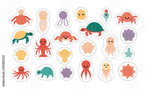 Design a clean and playful vector icon set featuring a variety of ocean-themed creatures, and elements, including sea turtles, jellyfish, lobsters, seashells, crabs, seahorses, easily editable.