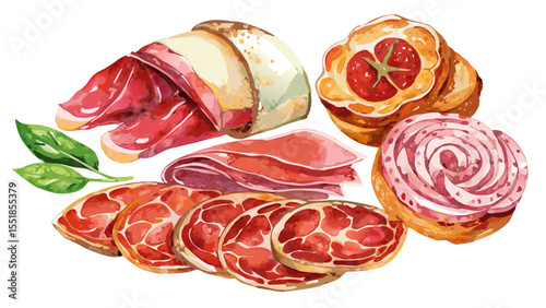 Elegant watercolor brushstrokes illustrate savory salami, artisanal ham, and paper-thin sliced cold cuts. Set against a white background, this tasteful design suits restaurant menus, packaging, or foo