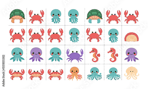 Design a clean and playful vector icon set featuring a variety of ocean-themed creatures, and elements, including sea turtles, jellyfish, lobsters, seashells, crabs, seahorses, easily editable.