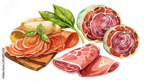 Elegant watercolor brushstrokes illustrate savory salami, artisanal ham, and paper-thin sliced cold cuts. Set against a white background, this tasteful design suits restaurant menus, packaging, or foo