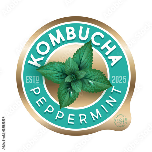 Kombucha label. Menthol flavor. Circle label for refresh drink with letters and peppermint plant inside.