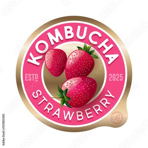 Kombucha label. Strawberry flavor. Circle label for refresh drink with letters and berries inside.
