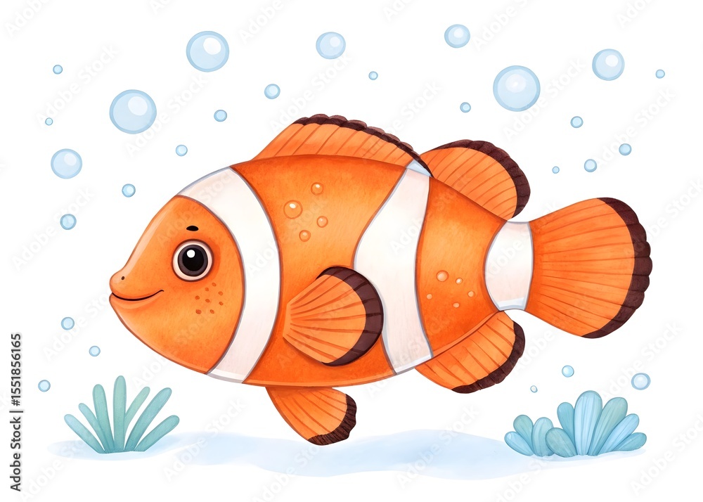 Fototapeta premium Clownfish with bubbles and sea anemones